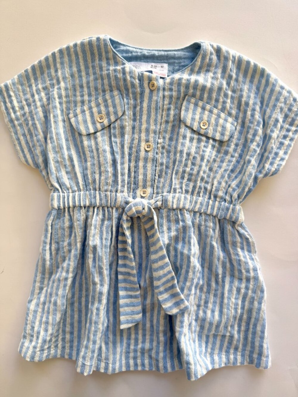 Zara Striped Gauze Tie Waist Dress Blue 18-24M
